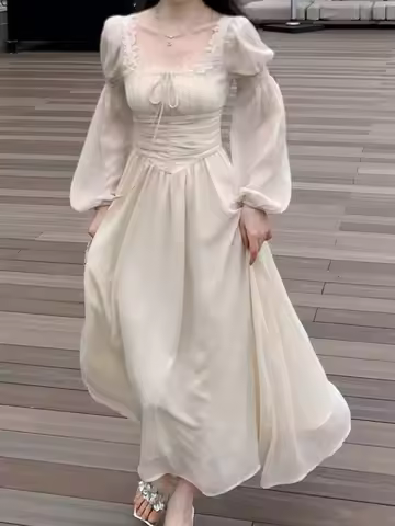 Autumn Vintage 2024 Sweet Beige Square Neck Princess Dress New French Style Blue High Waist Slim Pleated Evening Long Dress Chic