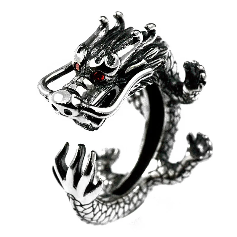 925 Silver Vintage Chinese Dragon Punk Rings Open Adjustable Lucky S925 Retro Thai Silver Ring for Man Charm Gift Jewelry