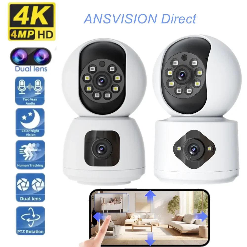 2K 4MP WIFI IP Dual Lens Camera Baby Monitor Wireless IP PTZ Dual Screen Ai Auto Tracking Home Security 3 Mode Night Vision