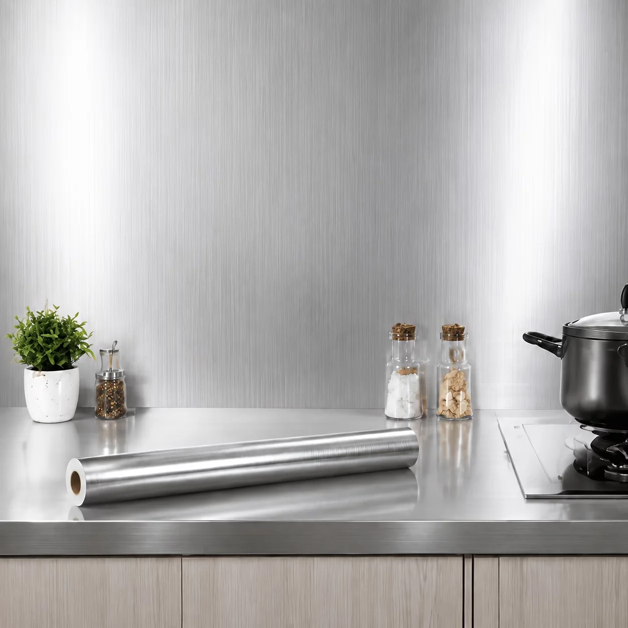 Brushed Silver Stainless Steel Decorative Film Wear-Resistant Suitable For Refurbishing And Decorating Cabinet And Countertop.
