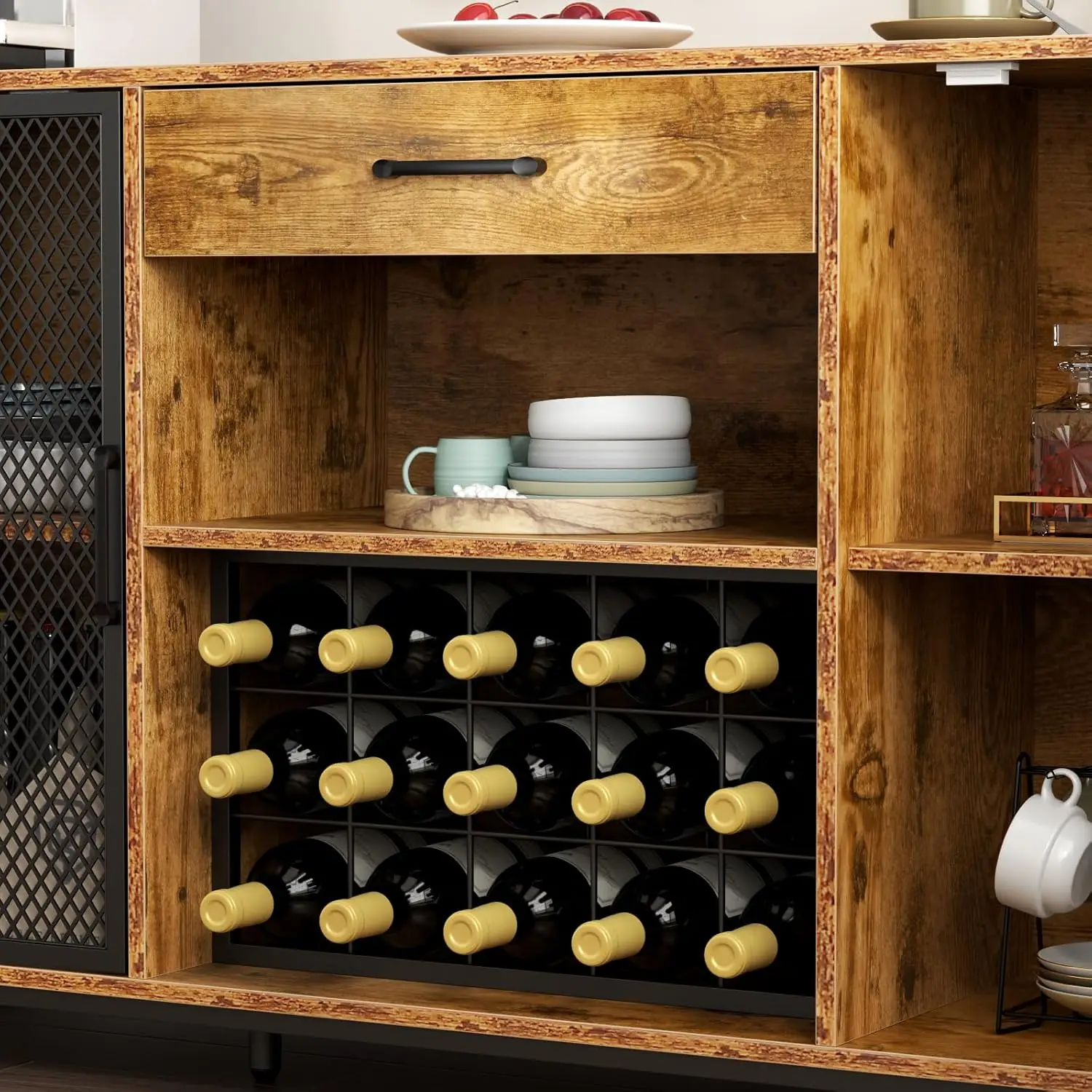 Armário com Gaveta e Luzes Led, Cremalheira do vinho, Vidro, Suporte para cálice, 55 polegadas, Indústria Coffee Bar