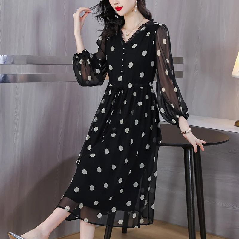 

2023 Black Silk Long Sleeve O-Dot Printed Bubble Sleeve Dress for Women's Spring/Summer New French Sweet Waist Silk Long Skirt