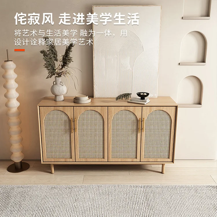 Wind solid wood rattan woven dining cabinet, household living room four door storage cabinet, modern creative foyer cabinet, sto