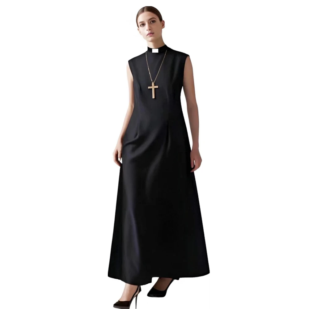Women's Clergy Sleeveless Dress Tab Collar Minister Priest Outfit Priest Costume Dress
