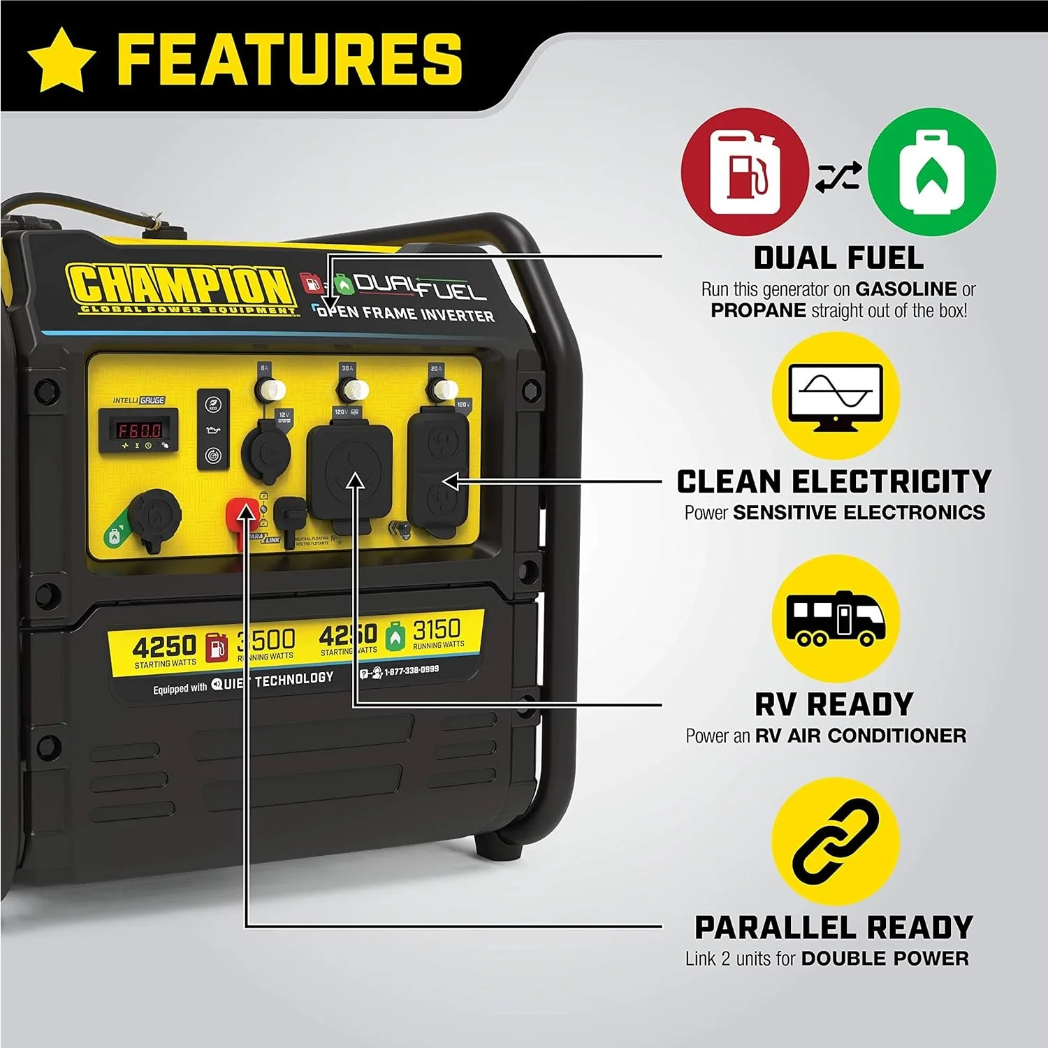 Champion Power Equipment 4250-Watt Dual Fuel RV Ready draagbare open frame invertergenerator met stille technologie