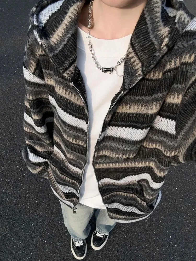 

Мягкий вязаный кардиган-худи в полоску для мужчин, весна-осень, в американском стиле, повседневный, с эффектом высокого комфорта, для пар, верхняя одежда