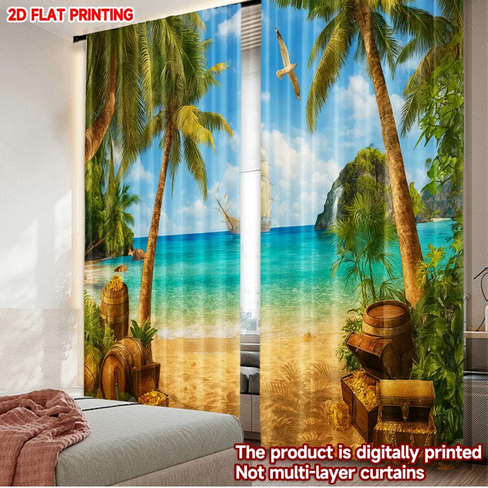 2D flat printing 2pcs Window Curtains Treasure Island Adventure Digital Printed Polyester Drapes Party Decorations Perfect for