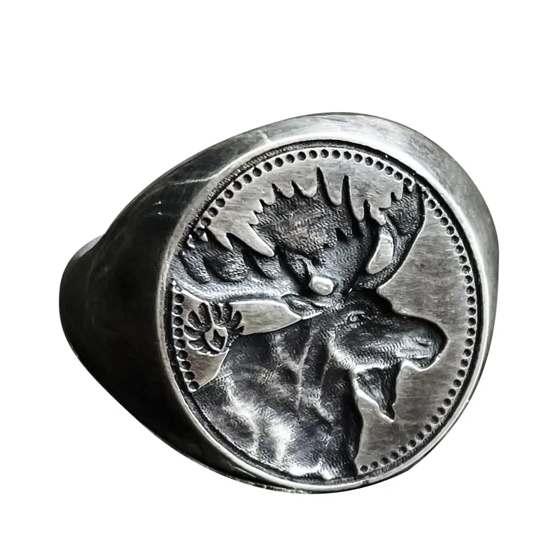 Vintage Concave Three-Dimensional Design Moose Opening Ring for Men Personality Seal Signet Adjustable Metal Rings Party Jewelry