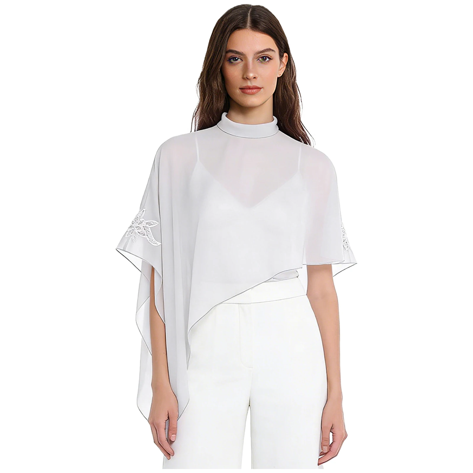 

Womens Chiffon Irregular Cape Floral Embroidery with Shiny Sequin Mock Neck Shawl Shrug Bolero Party Dress Accessories