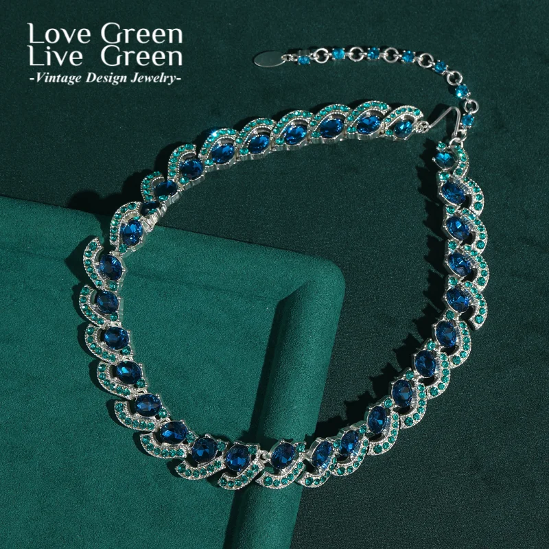 

Роскошное винтажное колье-чокер с синими стразами и кристаллами, воротник, аксессуары с перьями павлина, женские антикварные ювелирные изделия, элегантность 2025