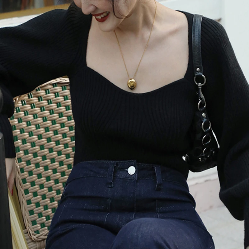 Women Clothing Vintage Solid Color Square Collar Long Sleeve Pullovers Autumn Fashionable Slim Sweater Female Elegant Knitting