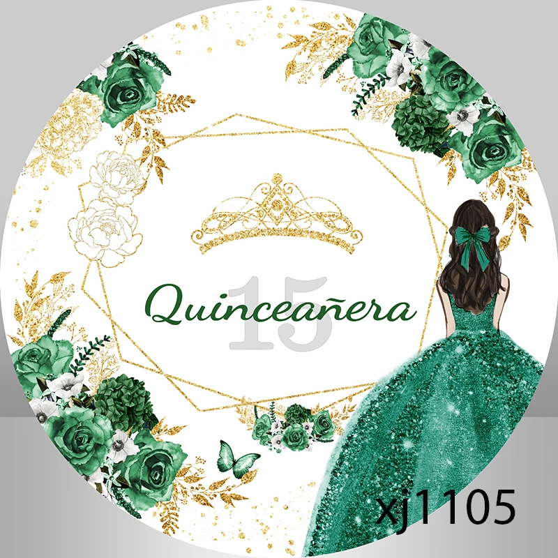 Quinceanera Sweet 15 الأميرة بنات حفلة عيد ميلاد خلفية مستديرة فستان أخضر زمردي تاج ذهبي بريق خلفيات مخصصة
