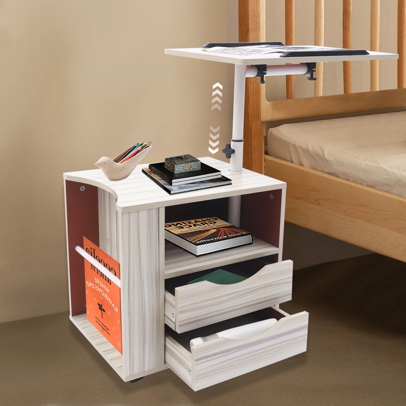 Mobile Rotatable Bedside Table Adjustable Castors Multifunctional Rotatable Bedside Table