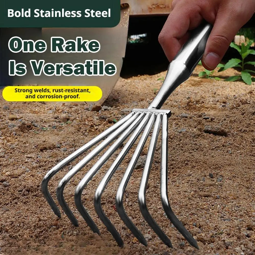 Garden Hand Rake Manual Integrated Small Leaf Rakes Gardening Tool Stainless Steel Weeding Removal Puller for Planting Vegetable