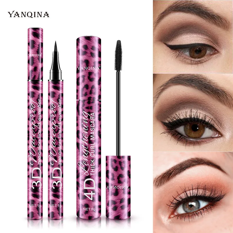 2 In 1 4D Mascara Lengthening Waterproof 3D Liquid Eyeliner Eye Mascara Black Volume With Silk Fibers Brush Eyelash Makeup Tool