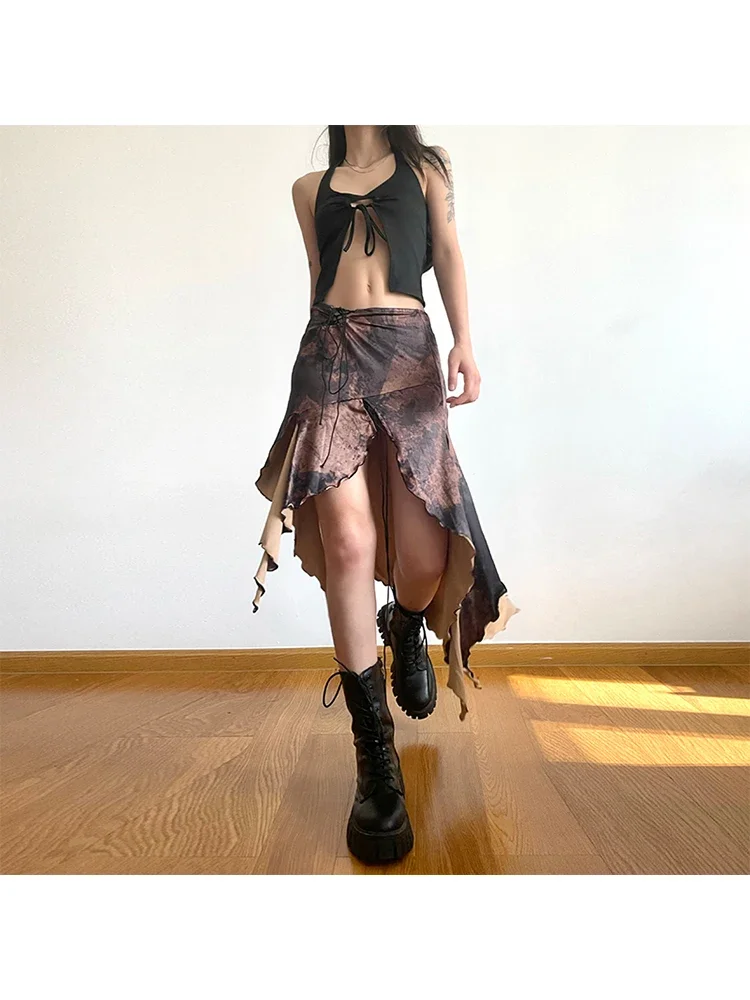 

Women's Irregular Skirt Harajuku Y2k Vintage Long Brown Skirts 90s Aesthetic Korean A-Line Skirt Emo 2000s Trashy Clothes 2024