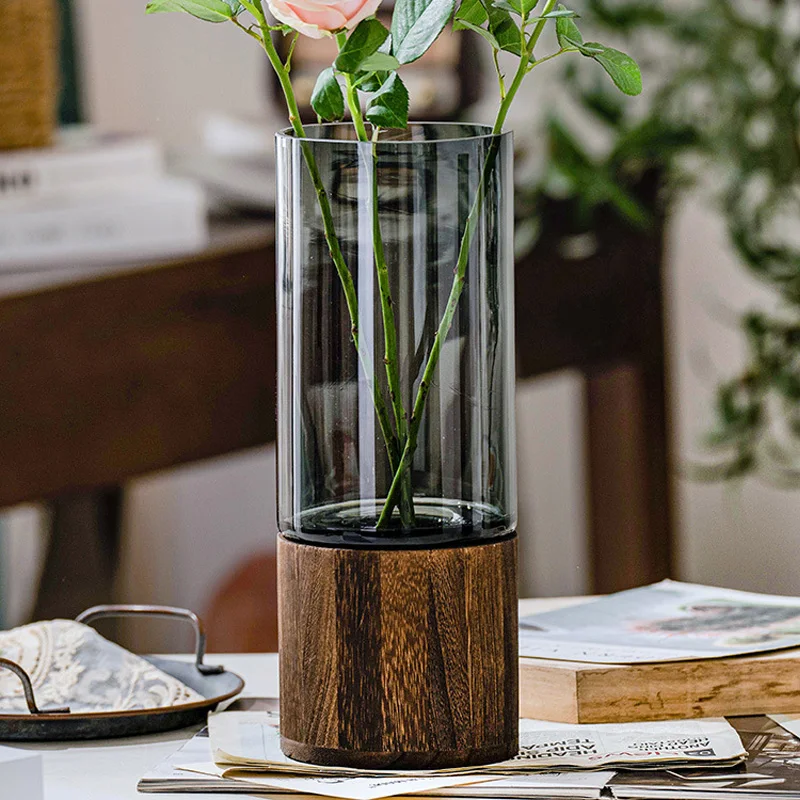 Transparent Glass Vase for Home Decor, Simple Nordic Hydroponic Plant, Household Living Room, Table Inserted Flower, Wooden Base