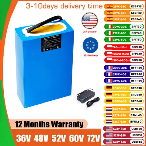 Batterie au Lithium pour vélo électrique, 52V, 48V, 36V, 72V, 60V, 20ah, 40ah, pour 350W, 500W, 750W, 1000W, 1500W, 2000W, 3000W, Stock ue et américain