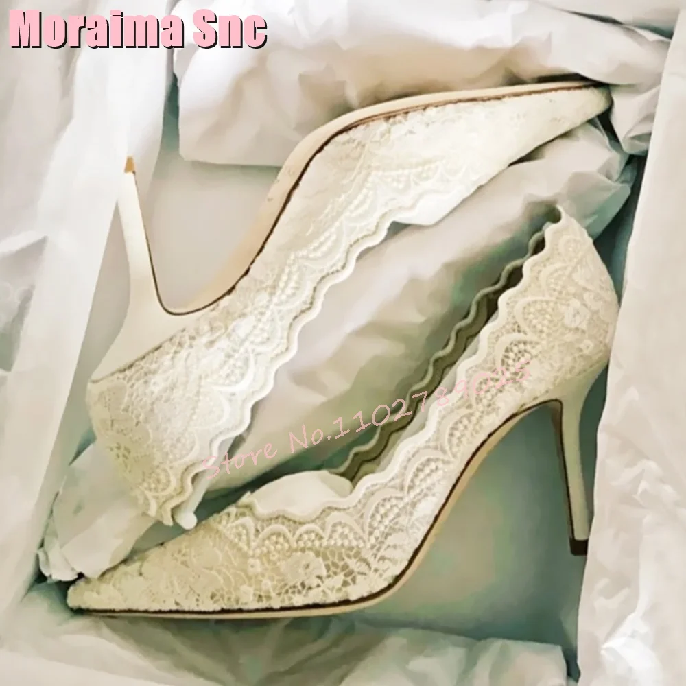 Sexy Embroidery Pointed Toe Shallow Pumps Stiletto High Heels Slip On Elegant New Women Wedding Shoes Summer White Solid Fashion