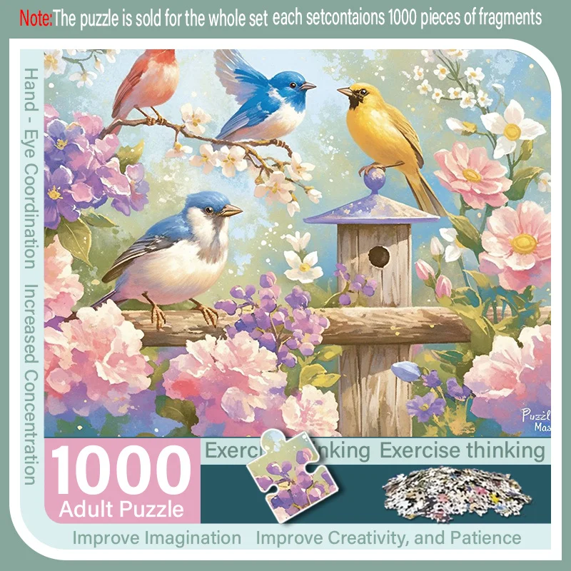 علبة مكونة من 1000 قطعة ألغاز للبالغين بتصميم طائر وزهرة - مقاومة للخدش، تحدي، مناسبة للبالغين، عائلة #1