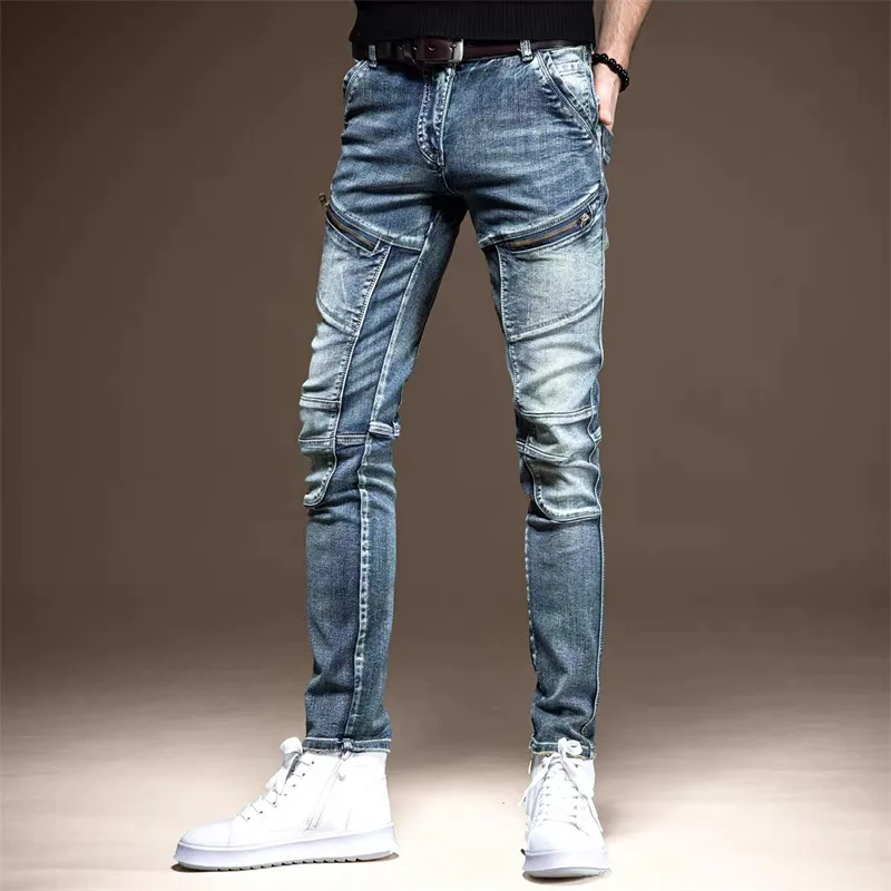 Jean de travail pour homme, pantalon de style Punk, Vintage, avec fermeture éclair, classique, Slim, style Cowboy, Streetwear, pour printemps et automne