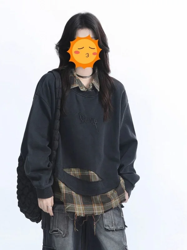 

Женская толстовка больших размеров с воротником, в клетку, с лоскутным узором, в американском стиле, уникальный дизайн, дышащая, немнущаяся, износостойкая