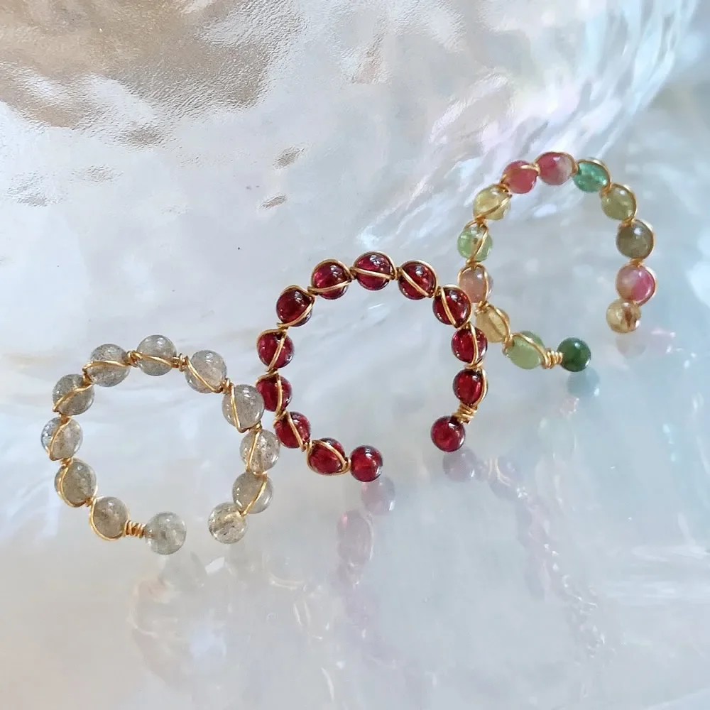 Gold Color Natural Crystal Stone Rings for Women Wire Wrap Small Beads Charm Garnets Tourmalines Labradorite Quartz Rings Bands - Image 2