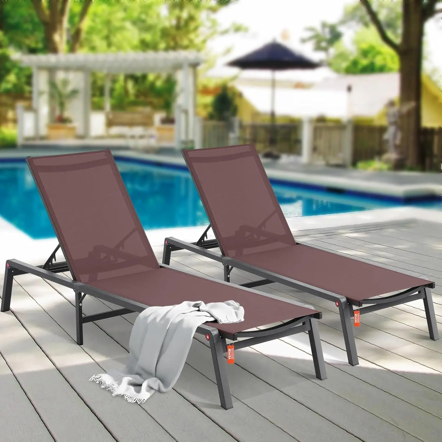 

2 Pcs Chaise Lounge Chairs Outdoor Aluminum Patio Lounge Chairs Adjustable 5-Position Folding Pool Lounge Chairs Recliner Brown