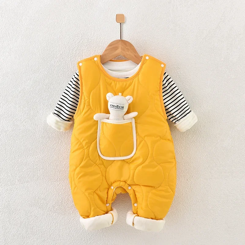 Autumn Winter Baby Boy Girl Rompers Newborn Plush Thick Cotton Set Warm Striped Top+Jumpsuit with Doll 2pcs Casual Baby Clothes