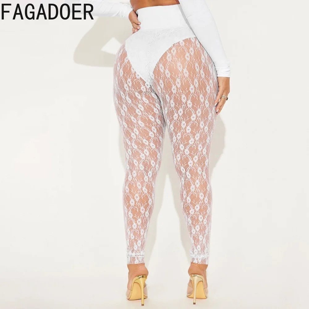 FAGADOER Sexy Lace Patchwork Bodycon Pants Women Solid Color Hollow-out See Through Pants Female Streetwear Bottoms Spring New
