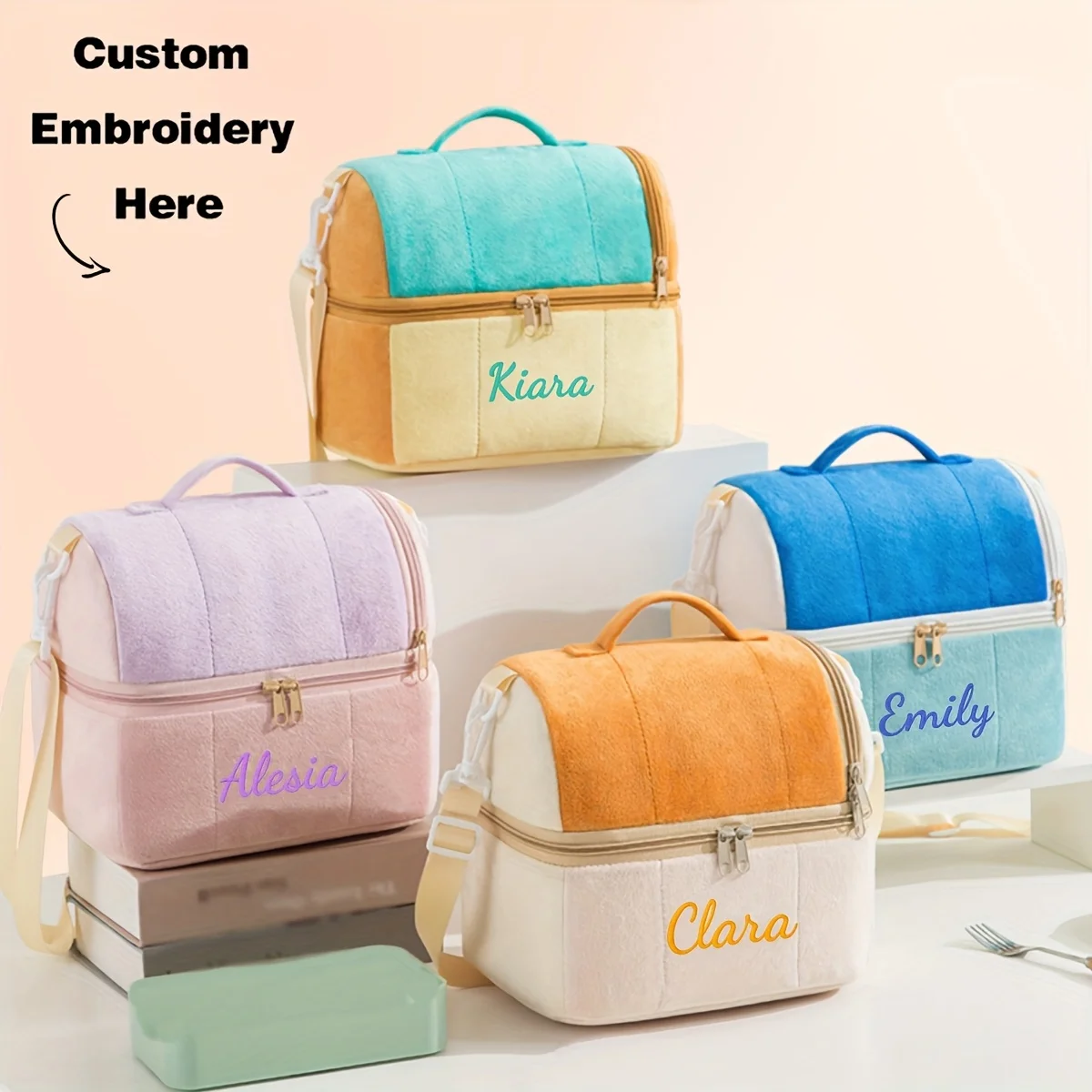 Custom Name Embroidery Plush Insulated Lunch Bag Colorblock Thermal Cooler Tote With Shoulder Strap Bento Bag For School Office