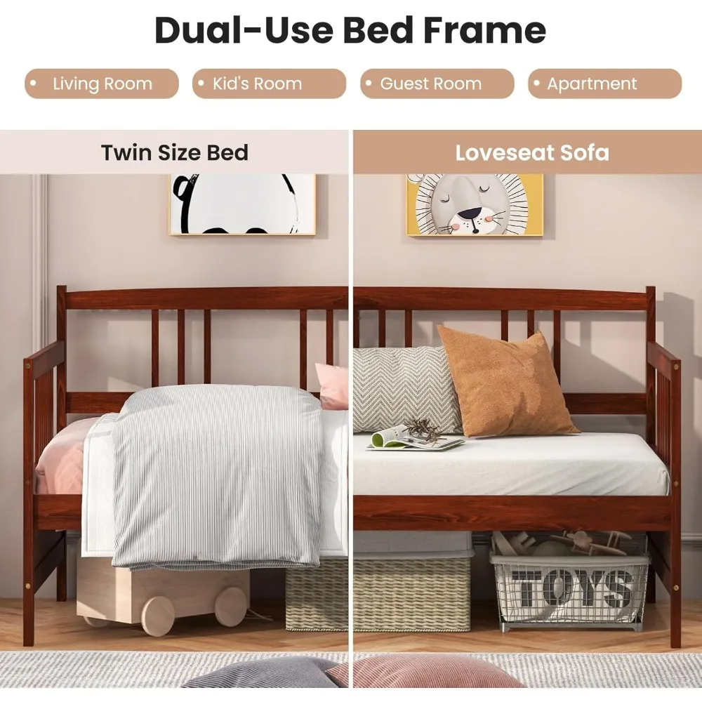 إطار سرير نهاري مزدوج، سرير أريكة خشبي سرير ضيوف مع قضبان ودعم شريحة خشبية، إطار سرير بمنصة مزدوجة الاستخدام لـ L