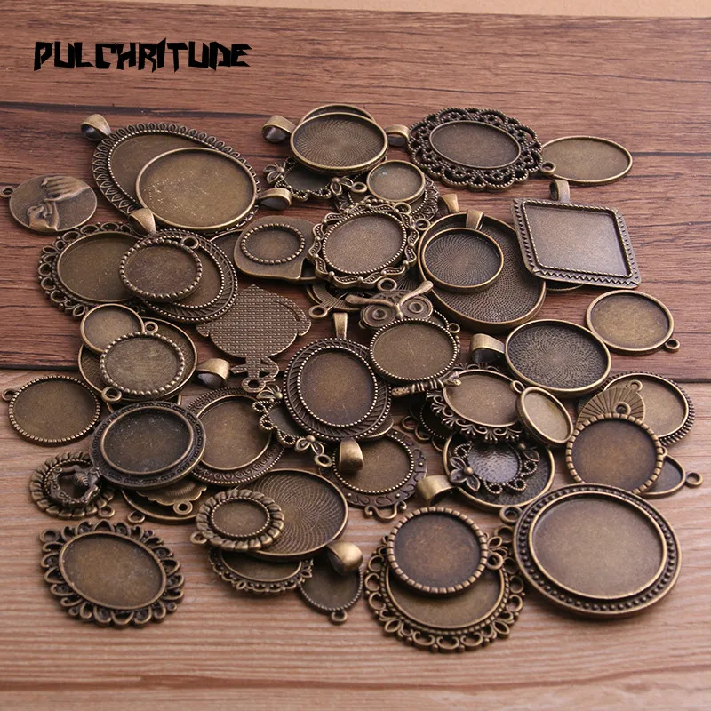 30g Random Antique Bronze Pierced Mixed Size 5-200 Style Cabochon Base Setting Charms Pendant P6683