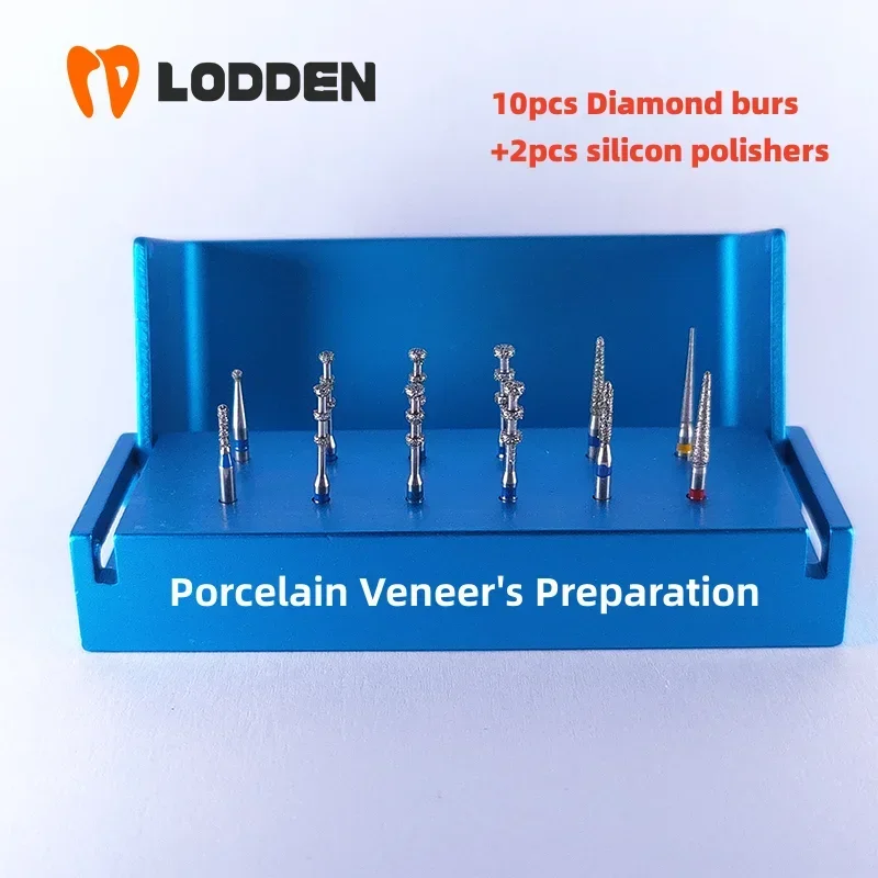 12pcs Porcelain Veneer\'s Preparation KIT 10Diamond burs& 2silicon polishers 6000A Denstistry Grinding Contouring Polishing Tools