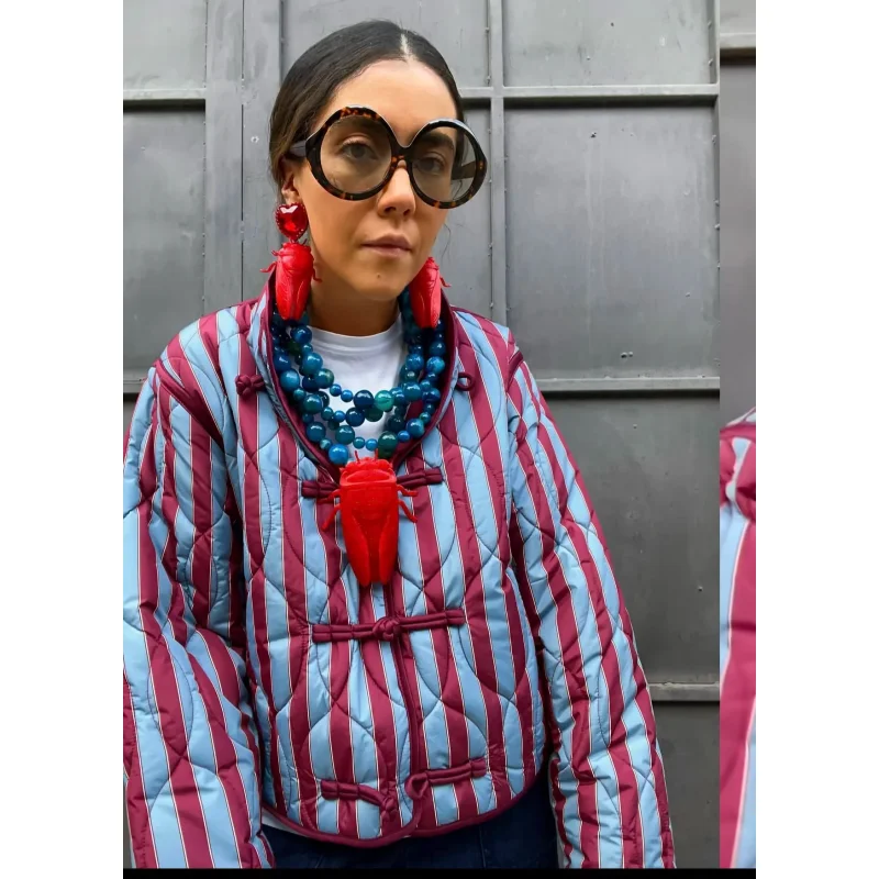 Womens Striped Knot Button Jacket Stand Collar Quilted Padded Coat Long Sleeve Loose Casual Daily Street Outerwear