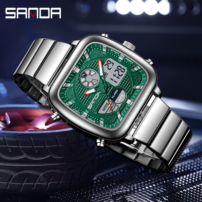 SANDA 9101 Orologi elettronici da uomo quadrante quadrato calendario luminoso cinturino in acciaio impermeabile orologio da polso digitale relojes para hombres