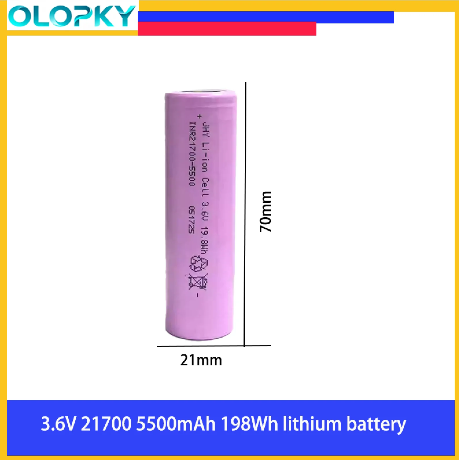 

Аккумулятор 3.6V-5500mAh 21700, перезаряжаемая литиевая батарея, подходит для налобных фонарей, бритв, электрических игрушек, электроинструментов.