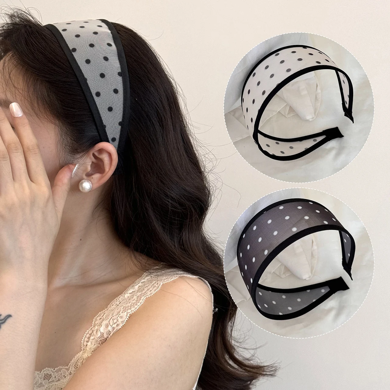 

Black White Polka Dot Mesh Wide Headband for Women High-top Hair Clip French Color-block Hairband Girl Headwear Hair Accessory