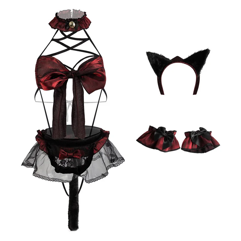 XXOO erótico Sexy vampiro gato arco lencería Sexy cola noche de Halloween juego de rol mujeres tentación pijamas trajes disfraces eróticos