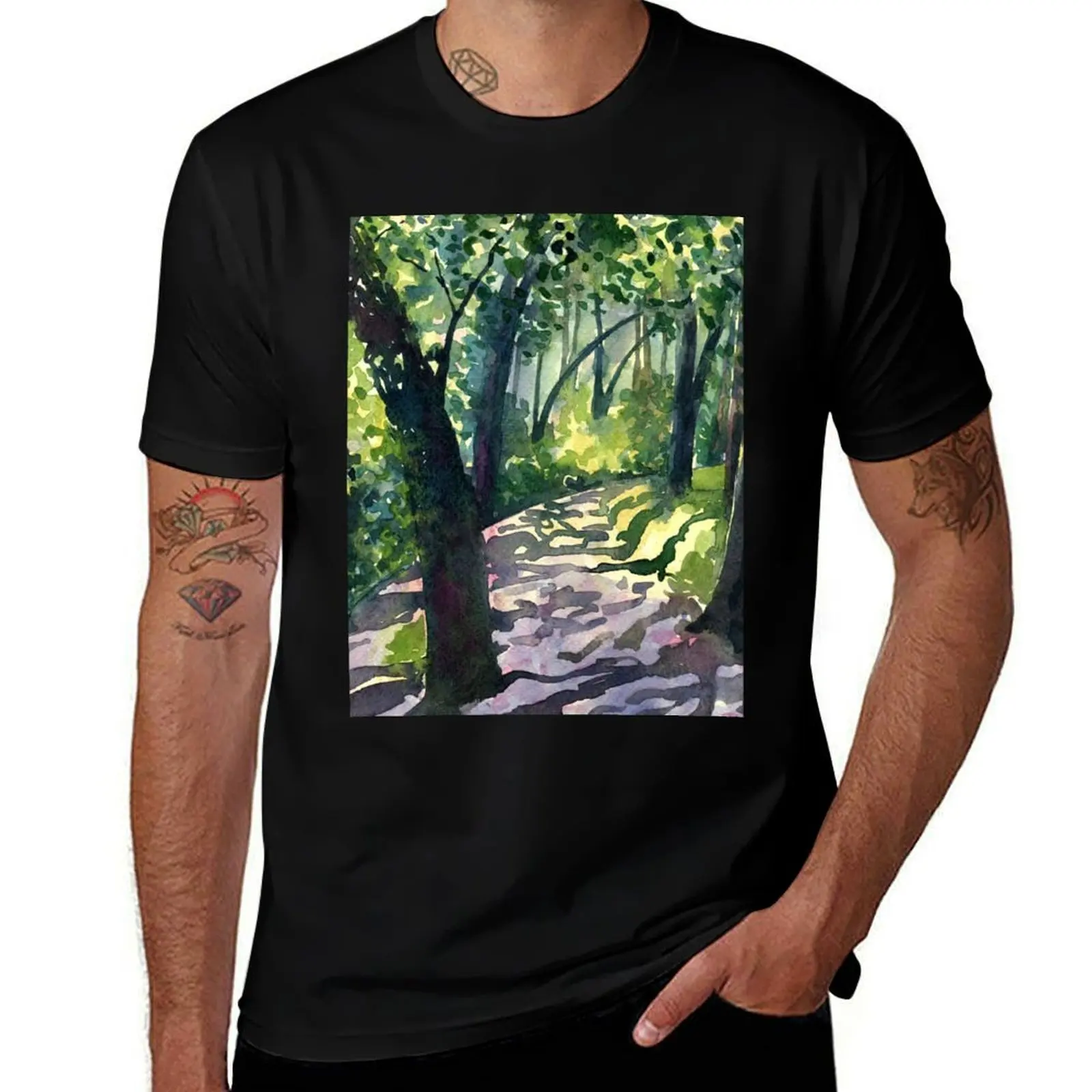 Path into the trees - Descanso Gardens - impressionist watercolour landscape by Francesca Whetnall T-Shirt