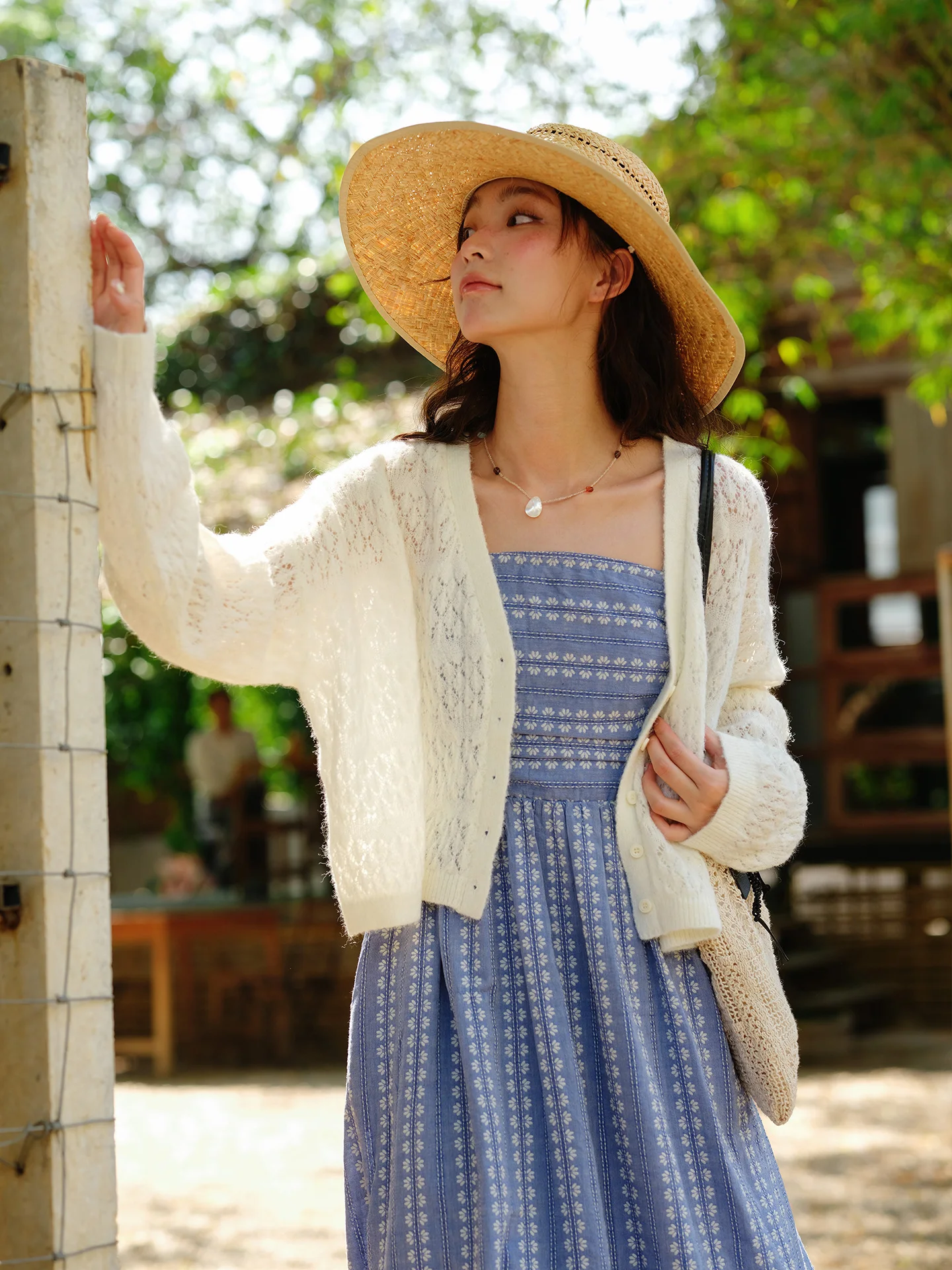 

White Hollow out Knitted Loose Short Outerwear Women's Long Sleeve Sun Protection Cover up Thin Airy Open Cardigan