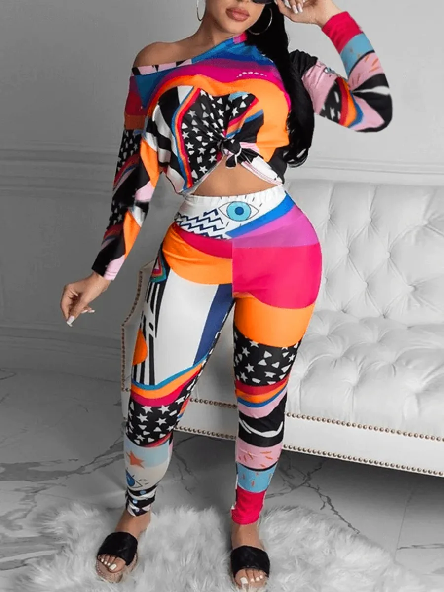 5XL LW Plus Size Women Printed Slim Eye Star Mixed Print Pants Set Round Neck Daily Casual Long Sleeve Set New Two Pieces Outfit