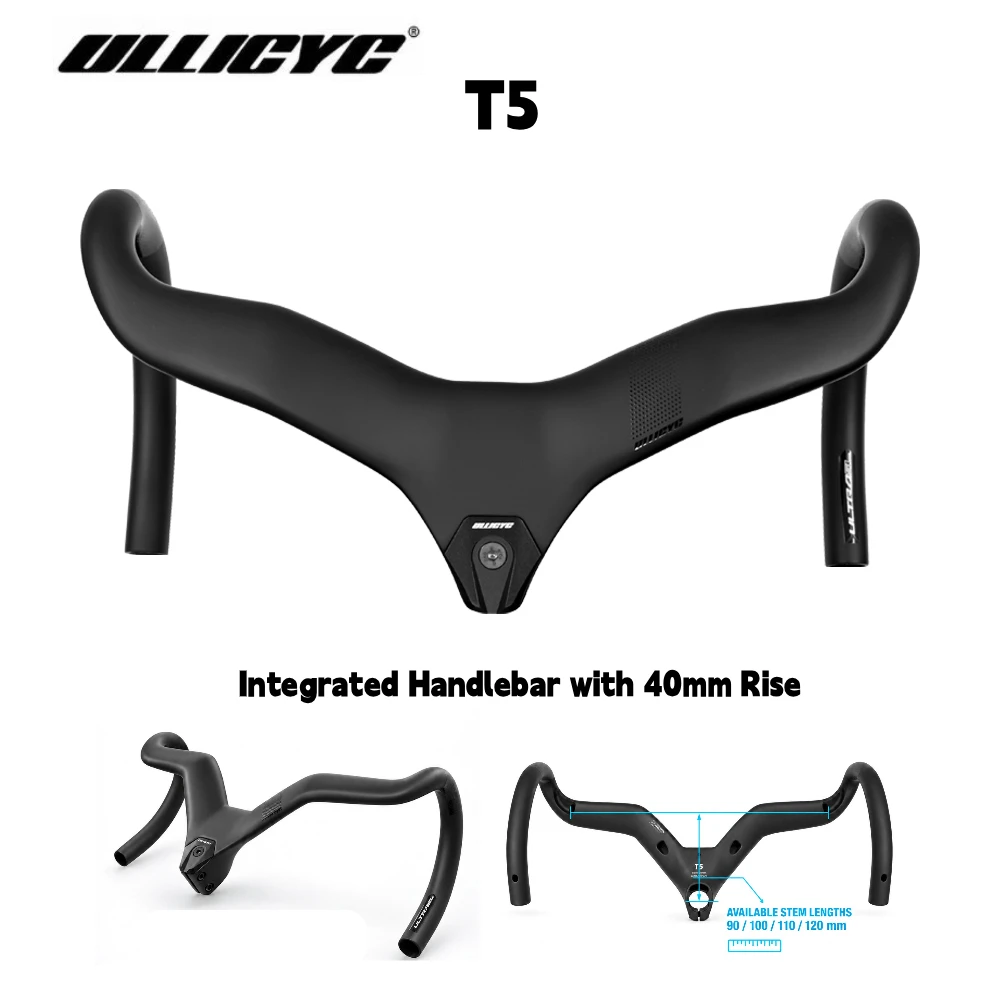 ULLICYC Rise 40mm T5 Full Carbon Fiber Integrated Handlebar, Internal Routing Road Bike Cockpit, Carbon Drop Bar With Mount
