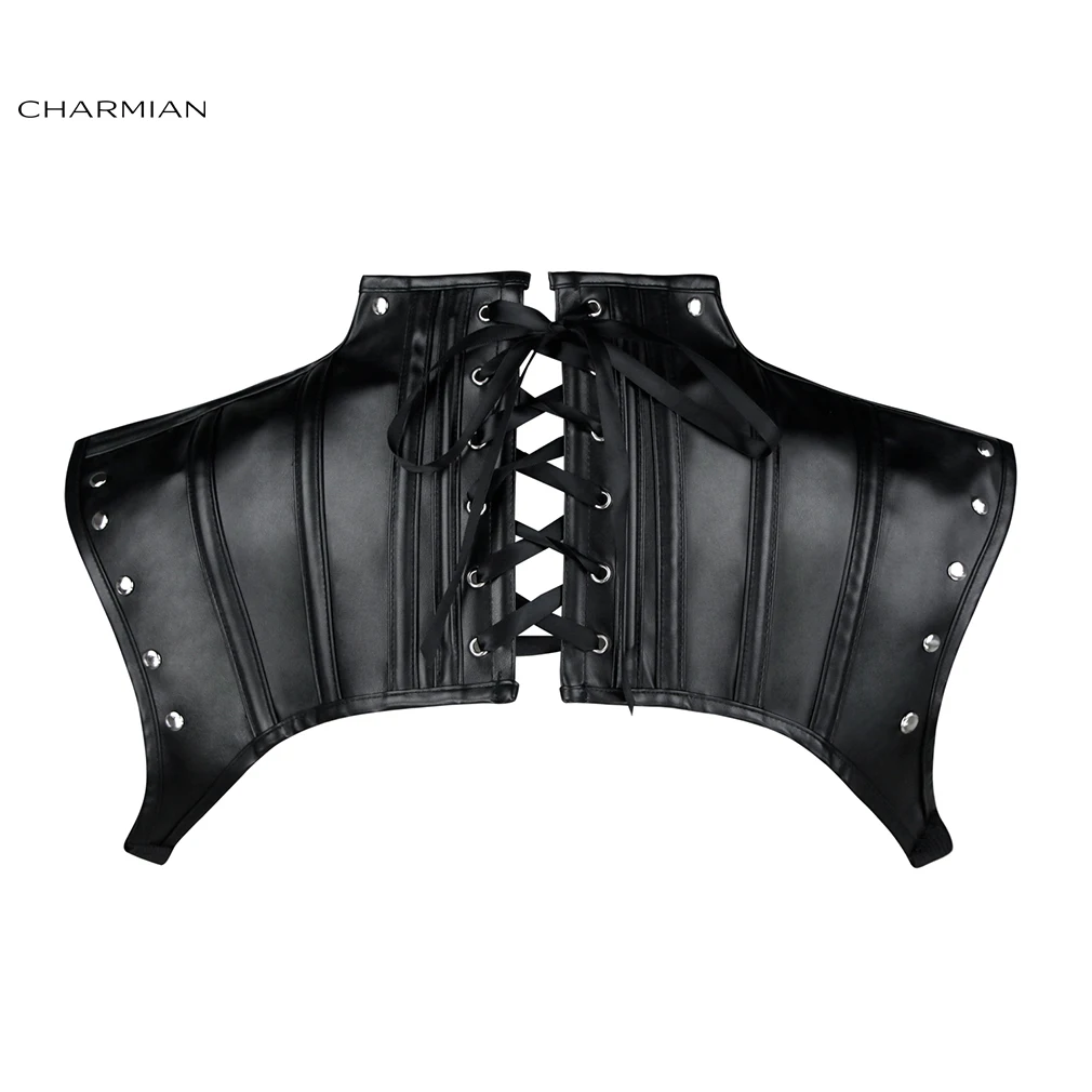 Charmian Steampunk Leather Shrug Women's Gothic High Neck Collared Rivet Shoulder Jacket Corset Shrug Armor Halloween Accessory