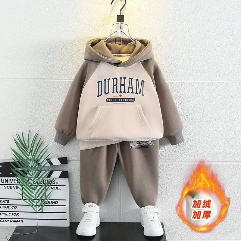 Children Fleece Sweatsuit Set 2Pcs Winter Baby Boys Alphabet Sweatshirt+Sweatpant 2Pcs New Hooded Thicken Warm Children Suit