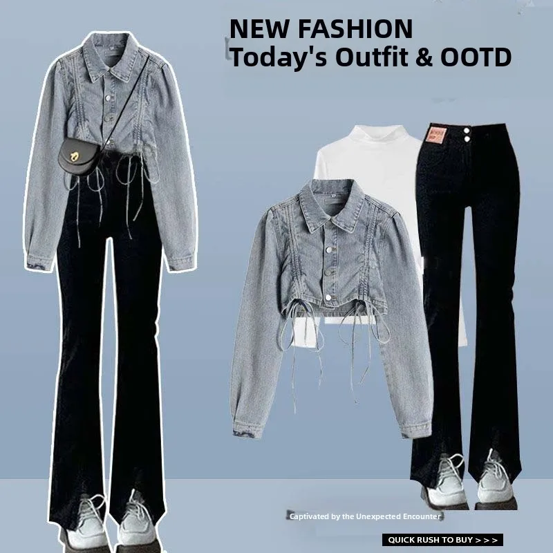 

Американская ретро-куртка из денима для женщин, осень 2025, новая повседневная универсальная модель, свободный крой, с воротником, в стиле джинсов.