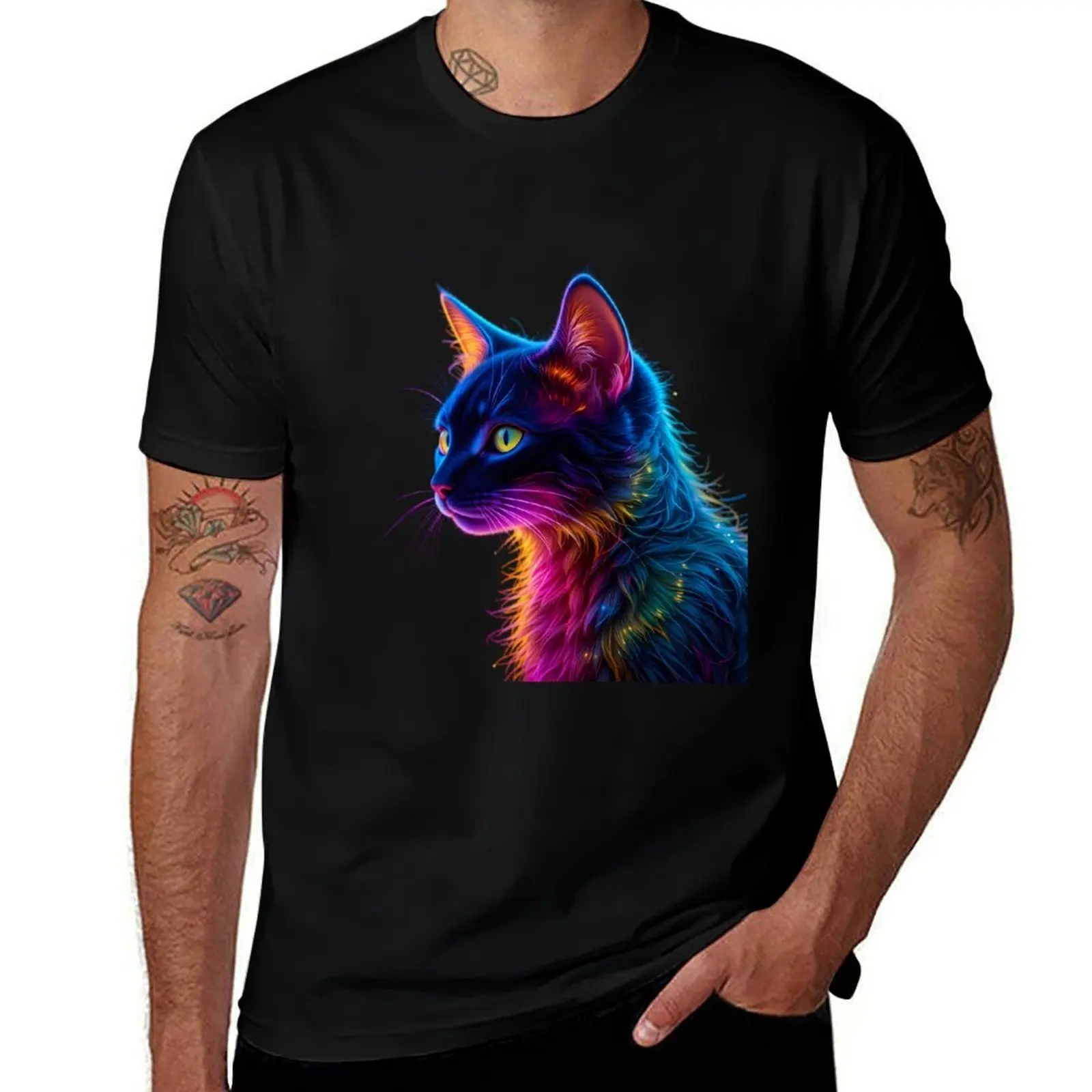 

Neon Luminous Feline Portraits Create Captivating Digital Art T-Shirt man clothes oversized t shirts for men