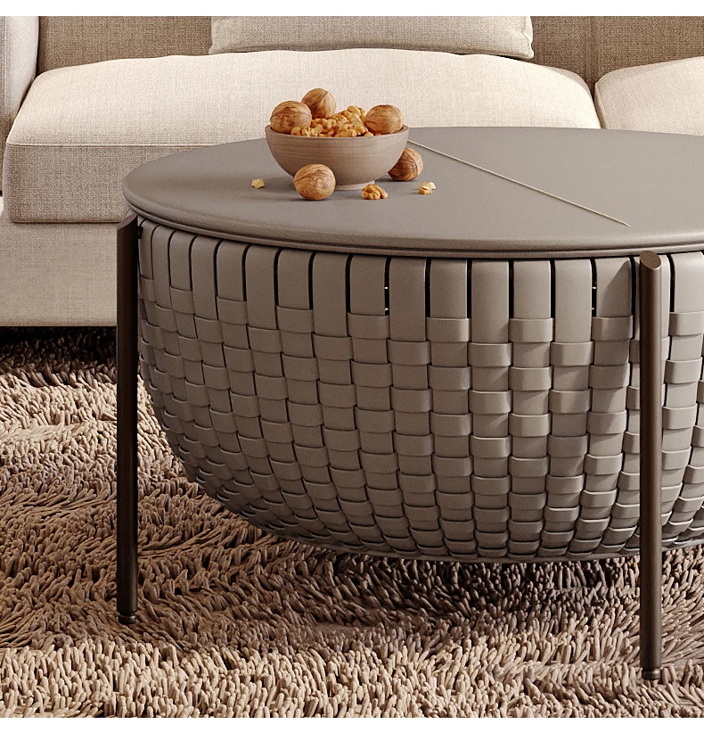 N Italian Style Light Luxury Minimalist round Storage Tea Table Combination Designer Advanced Saddle Leather Braided Side Table