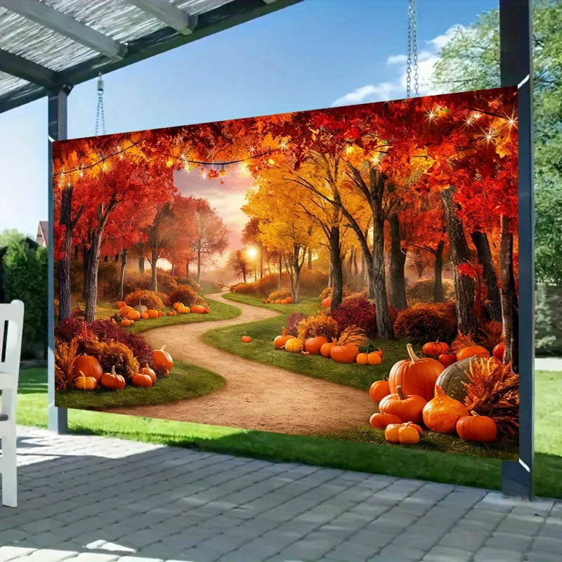 Autumn Fall Foliage Tapestry Wall Hanging Polyester Print Forest Landscape Pumpkin Decor Rustic Home Wall Art Decoration