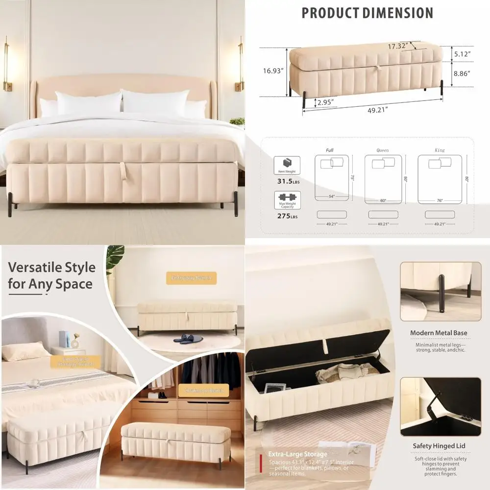 Bangku Penyimpanan Kamar Tidur: Ottoman Beludru Beige Ukuran 49.2 Full/Queen untuk Penyimpanan Sepatu dan Pintu Masuk